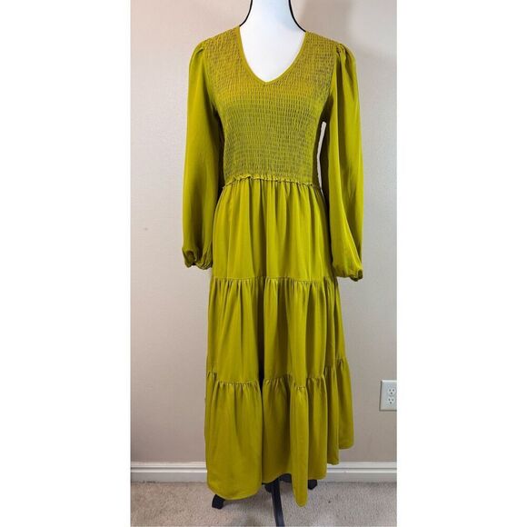 NWOT Bohme Smocked Tiered Chartreuse Lined Ruffle Maxi Dress Women's Small - Picture 2 of 12